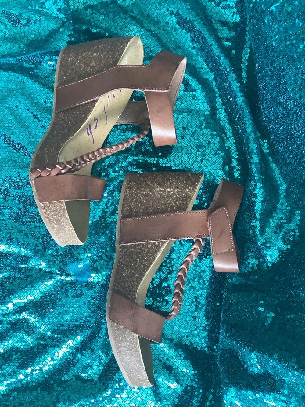 Blowfish Malibu Costal Brown Braided Ankle Strap Wedge Sandals Size 8- 4” heel